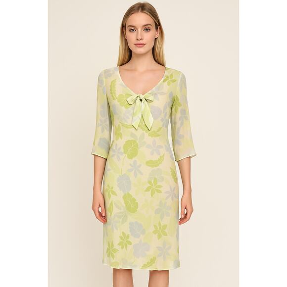 Vintage ICE Green Silk Floral Dress with Bow Size S - Picture 1 of 8